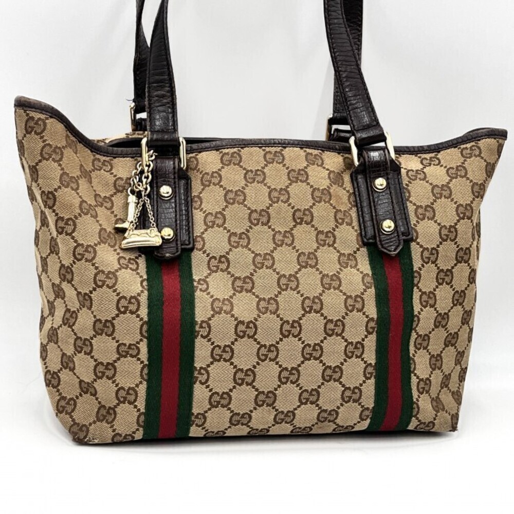 GUCCI GG Canvas Sherry Tote Bag Leather Beige Brown